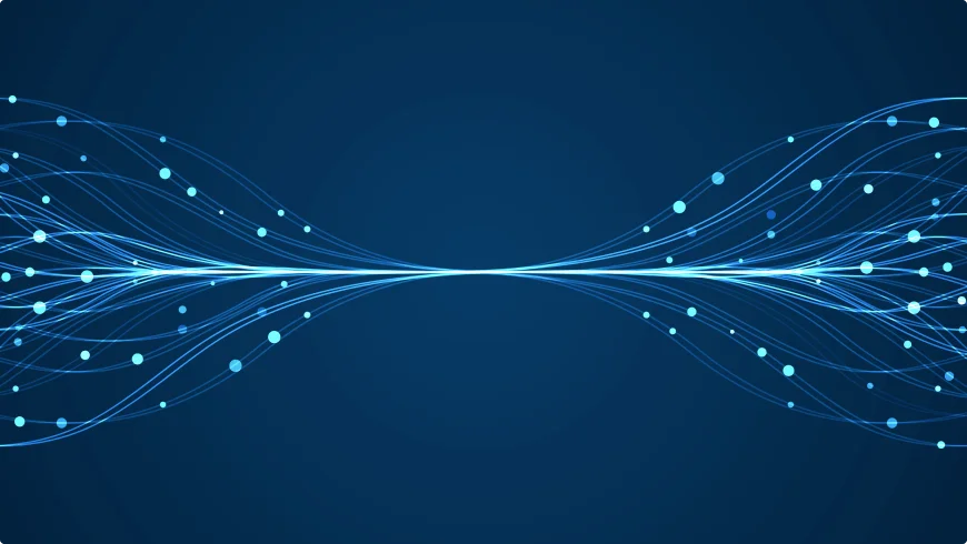 青い光の波と粒子が交差する抽象イメージ